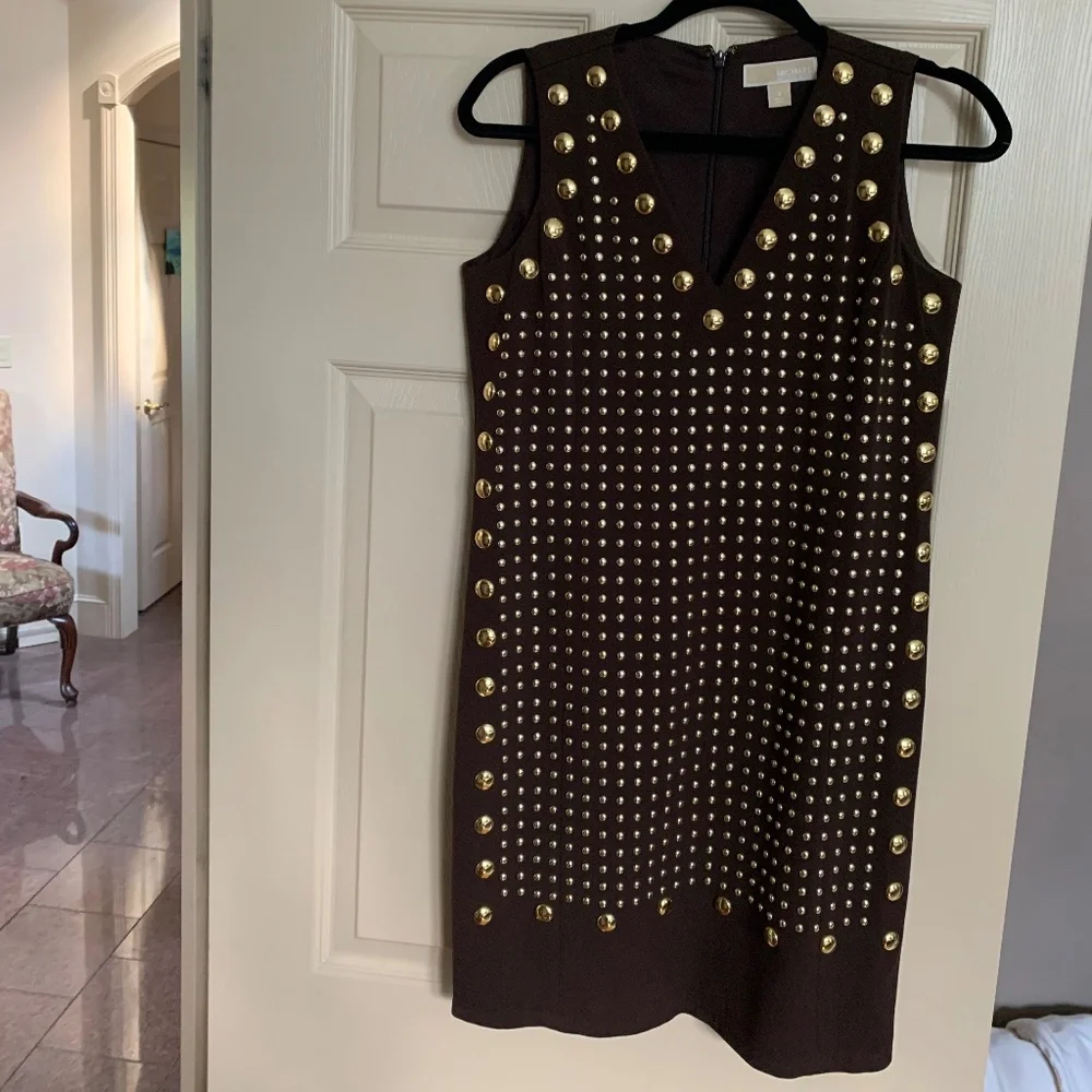 Michael Kors Brown/Gold Embellished V-neck Sleeveless Dress sz 6